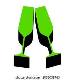 Sparkling champagne glasses. Vector. Green 3d icon with black side on white background. Isolated.