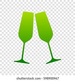 Sparkling champagne glasses. Vector. Green gradient icon on transparent background.
