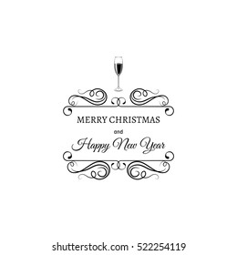 Sparkling champagne glasses. Vector illustration. Minimalistic concept with line style glass and sparkling champagne inside. Place for your text message. filigree divider vintage frame. 