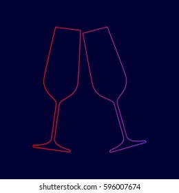 Sparkling champagne glasses. Vector. Line icon with gradient from red to violet colors on dark blue background.