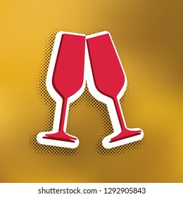 Sparkling champagne glasses. Vector. Magenta icon with darker shadow, white sticker and black popart shadow on golden background.