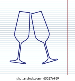 Sparkling champagne glasses. Vector. Navy line icon on notebook paper as background with red line for field.