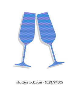Sparkling champagne glasses. Vector. Neon blue icon with cyclamen polka dots pattern with light gray shadow on white background. Isolated.