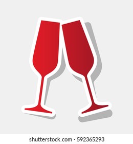 Sparkling champagne glasses. Vector. New year reddish icon with outside stroke and gray shadow on light gray background.