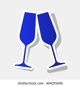Sparkling champagne glasses. Vector. New year bluish icon with outside stroke and gray shadow on light gray background.