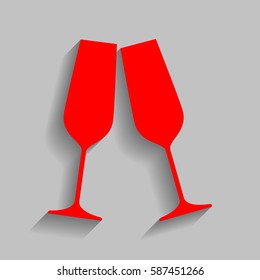 Sparkling champagne glasses. Vector. Red icon with soft shadow on gray background.