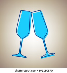 Sparkling champagne glasses. Vector. Sky blue icon with defected blue contour on beige background.
