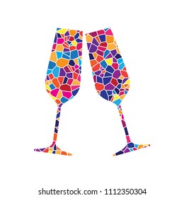 Sparkling Champagne Glasses. Vector. Stained Glass Icon On White Background. Colorful Polygons. Isolated.