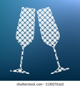 Sparkling champagne glasses. Vector. White textured icon at lapis lazuli gradient background.