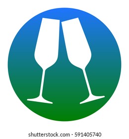 Sparkling champagne glasses. Vector. White icon in bluish circle on white background. Isolated.