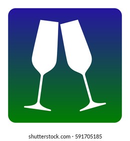 Sparkling champagne glasses. Vector. White icon at green-blue gradient square with rounded corners on white background. Isolated.