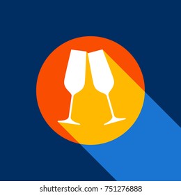 Sparkling champagne glasses. Vector. White icon on tangelo circle with infinite shadow of light at cool black background. Selective yellow and bright navy blue are produced.