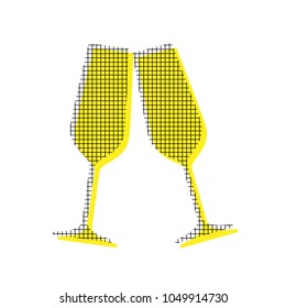 Sparkling champagne glasses. Vector. Yellow icon with square pattern duplicate at white background. Isolated.