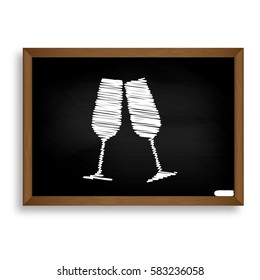 Sparkling champagne glasses. White chalk icon on black school bo