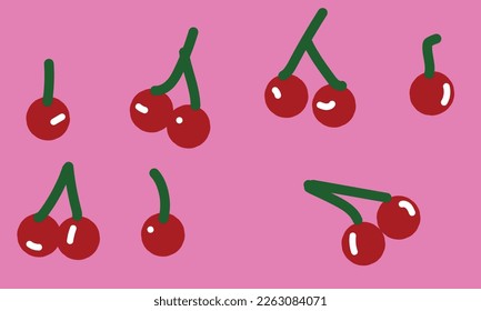 sparkling chery wallpaper in the shape of a luminous chery and stalk a fresh red and light white cherry with a green stalk with a pink backgroub