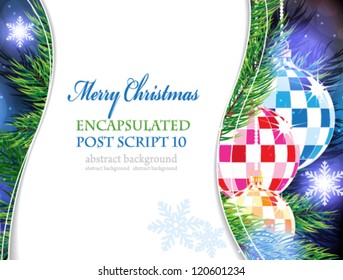 Sparkling Christmas balls and pine tree branches on a shiny blue background.