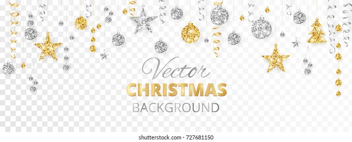 Sparkling Christmas glitter ornaments isolated on transparent background. Gold and silver fiesta border. Garland with hanging balls and ribbons. Great for New year party posters, website headers.