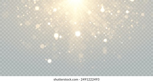 Sparkling Christmas gold particles, glowing bokeh lights isolated on transparent background