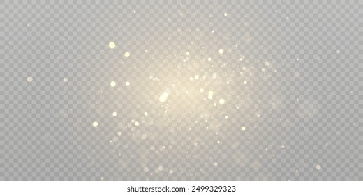 Sparkling Christmas gold particles, glowing bokeh lights isolated on transparent background