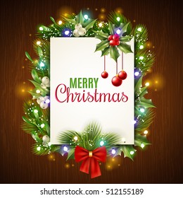 Sparkling christmas holiday frame decorated with winter berries and red bow flat vector illustration