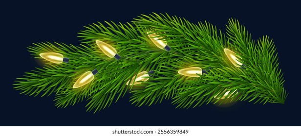 Sparkling Christmas lights illuminate vibrant fir branch on blue background. For festive designs, New Year, Christmas greeting cards, banners. Vector illustration