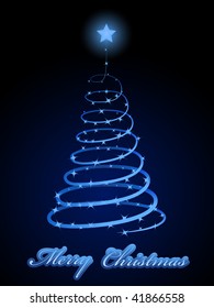 Sparkling Christmas tree abstract vector card in blue color scheme.