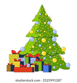 Sparkling Christmas tree with giftboxes stack 2D cartoon object. Fir-tree spruce with glitter ornaments. Christmastree isolated element flat vector clipart on white background. Spot illustration