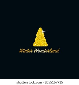 Sparkling Christmas Tree. Golden Metallic glitter icon on a dark blue background. Merry Christmas and Happy New Year 2022. Vector illustration. Winter Wonderland.