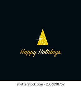 Sparkling Christmas Tree. Golden Metallic glitter icon on a dark blue background. Merry Christmas and Happy New Year 2022. Vector illustration.Happy Holidays.