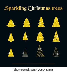 Sparkling Christmas Tree. Golden metallic. Merry Christmas and Happy New Year 2022. Vector illustration.