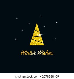 Sparkling Christmas Tree. Golden Metallic glitter icon on a dark blue background. Merry Christmas and Happy New Year 2022. Vector illustration. Winter Wishes.