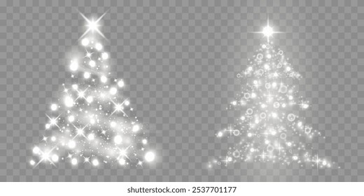Sparkling Christmas tree lights with bright shining and glowing particles. White shining spruce in a luxurious design. New Year's holiday. Vector illustration.