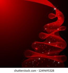 Sparkling Christmas Tree made of wave flow. Vector illustration on red background.