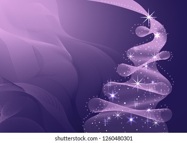 Sparkling Christmas Tree made of wave flow. Vector illustration on violet background.