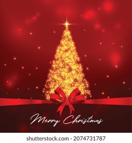 sparkling christmas tree on red background with ribbon