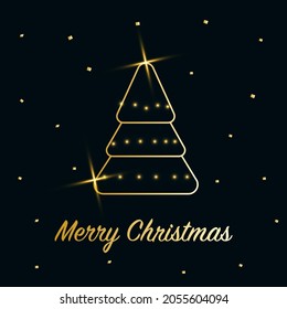 Sparkling Christmas Tree with shiny dust. Golden metallic outline icon on a dark blue background. Merry Christmas and Happy New Year 2022. Golden Metallic. Vector illustration.