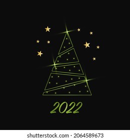 Sparkling Christmas Tree with shiny dust. Green Metallic outline icon on a dark background. Merry Christmas and Happy New Year 2022. Vector illustration.