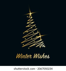 Sparkling Christmas Tree with shiny dust. Golden metallic outline icon with stars on a dark blue background. Merry Christmas and Happy New Year 2022. Golden Metallic. Winter Wishes.