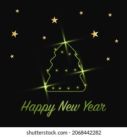 Sparkling Christmas Tree with shiny dust. Green Metallic outline icon on a dark background. Merry Christmas and Happy New Year 2022. Vector illustration.