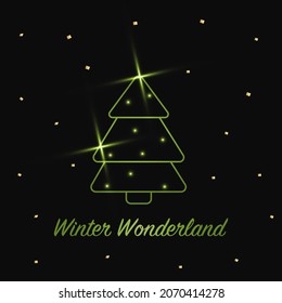 Sparkling Christmas Tree with shiny dust. Green Metallic outline icon on a dark background. Merry Christmas and Happy New Year 2022. Vector illustration. Winter Wonderland.