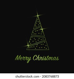 Sparkling Christmas Tree with shiny dust. Green Metallic outline icon on a dark background. Merry Christmas and Happy New Year 2022. Vector illustration.