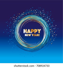 sparkling circle vector illustration. new year abstract background for card, header, poster, invitation. gold star on blue night color. Abstract background with gold luminous swirling backdrop.