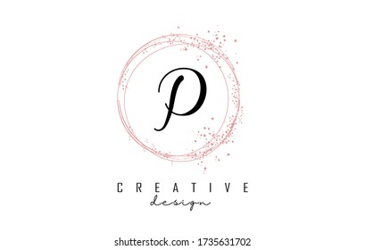 Sparkling circles and dust pink glitter frame for handwritten P letter logo. Shiny rounded vector illustration with P letter.
