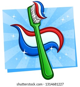 A sparkling clean bright green plastic toothbrush with a big gob of red white and blue toothpaste