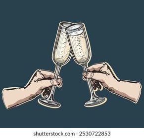 Ilustración vectorial gráfica de champán con gafas de alegría chispeantes. Fiesta de barbilla con dos copas de champán