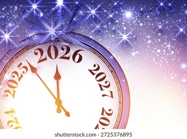 Relógio brilhante estilo como um presente festivo com arco, meia-noite impressionante para 2026. Ilustração vetorial.