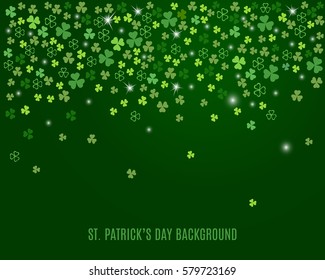 Sparkling clover shamrock leaves isolated on dark green background. Abstract St. Patrick's day background for your greeting cards design or website. Vector illustration