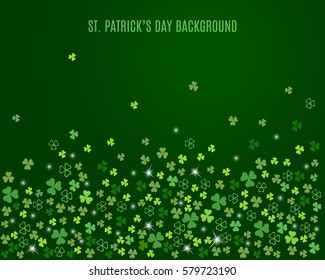 Sparkling clover shamrock leaves isolated on dark green background. Abstract St. Patrick's day background for your greeting cards design or poster. Vector illustration.