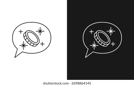 Moedas cintilantes em linguagem Bolha Linha Ícone Arte, Símbolo de Dinheiro Isométrico Minimalista, Gráfico Vetor Moderno para Ideias Financeiras, Notificação de Lucro, ou Anúncio de Prêmio, Versões em Preto e Branco.