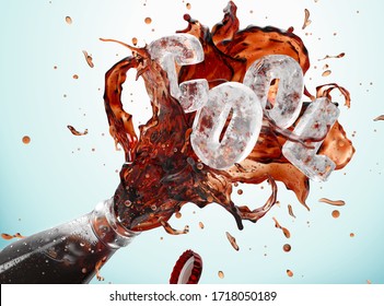 Sparkling Cola Overflowing From Iced Glass Bottle With Frozen Word COOL On The Splash, Isolated On Light Blue Background, 3d Illustration